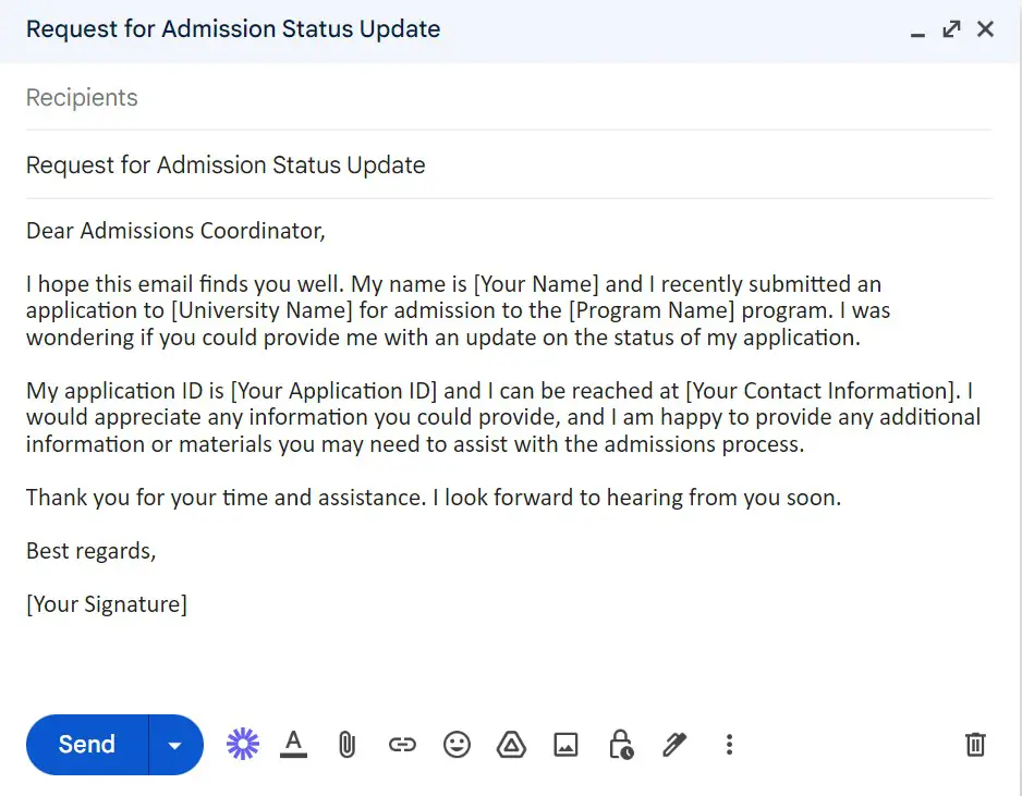 sample email to university asking for admission status